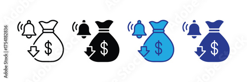 Money bag with dollar sign and downward arrow and ringing bell icon indicating financial loss or alert isolated on transparent background