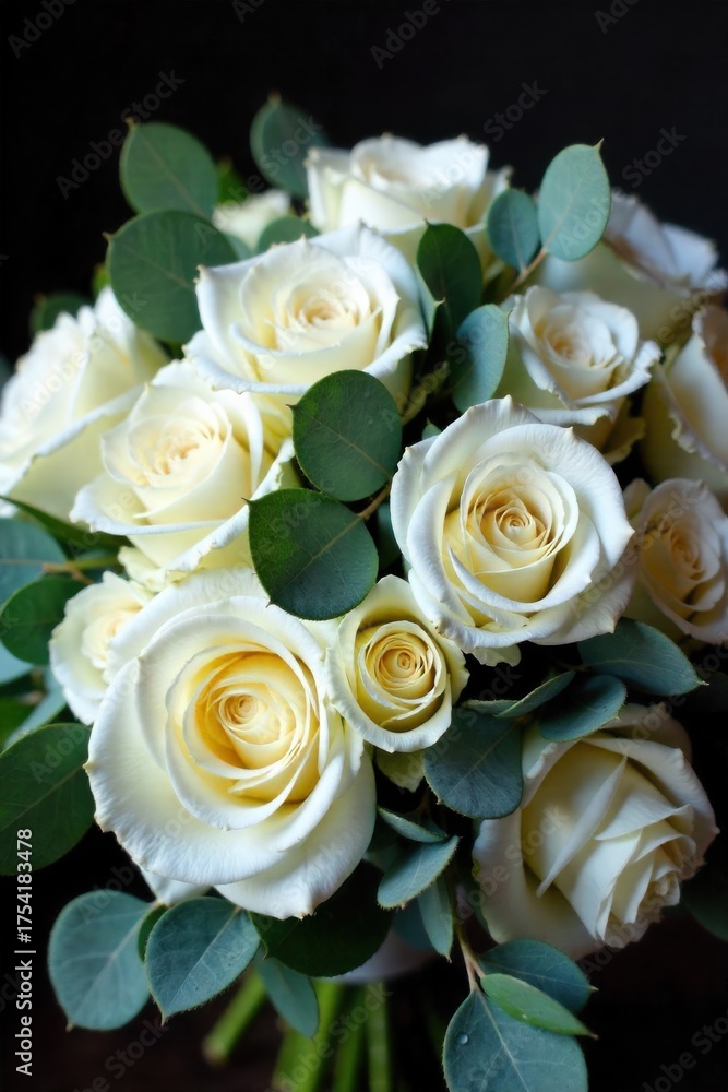 Obraz premium Delicate Wedding Bouquet with Dewdrops and Ribbons A lush bridal bouquet of white roses, blush peonies, and eucalyptus leaves, tied with a flowing ivory silk ribbon. Dewdrops glisten on the petals and