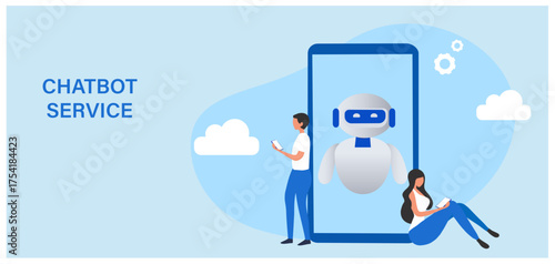 Chatbot technology concept, people chatting with robot, asking questions and receiving answers. AI assistant support vector illustration