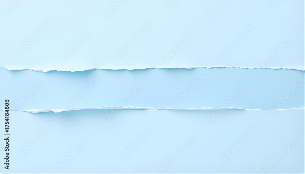 Fototapeta premium Horizontal torn paper strip revealing soft blue texture background for copy space.