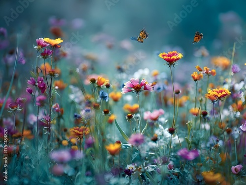 A vibrant meadow bursts with colorful blooming wildflowers and delicate fluttering butterflies in a peaceful daytime environment