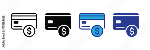 Set of credit card icons with dollar sign, representing payment, finance, and transaction concepts, isolated on transparent background