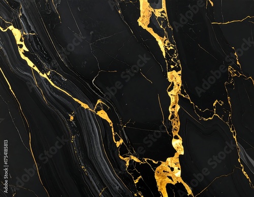 Abstract close-up of black marble with intricate golden veins flowing through the surface