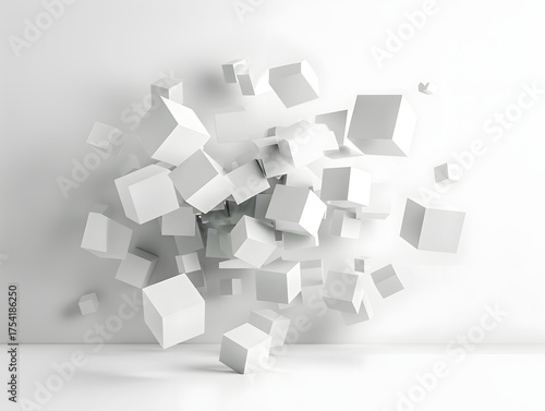 Abstract 3D cubes float dynamically against a clean white background representing futuristic digital design concepts