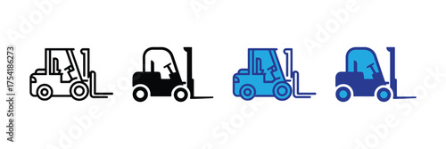 Set of four forklift icons in different styles and colors, isolated on transparent background