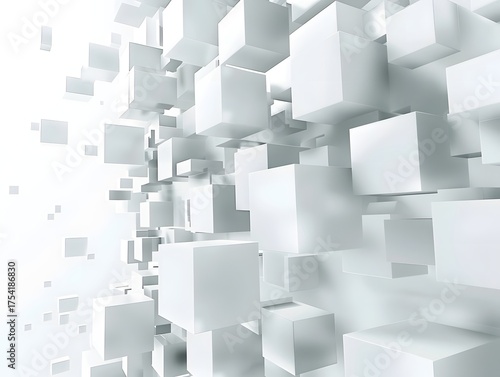 Abstract three dimensional cubes float dynamically in a clean white space representing futuristic digital concepts and modern design