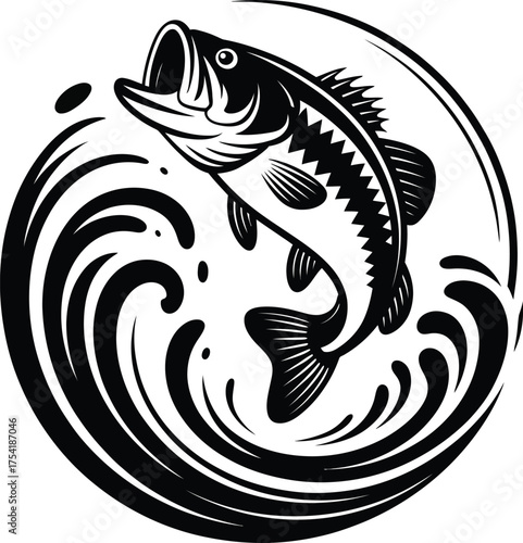 Dynamic bass fish leaping from water in a circular emblem silhouette