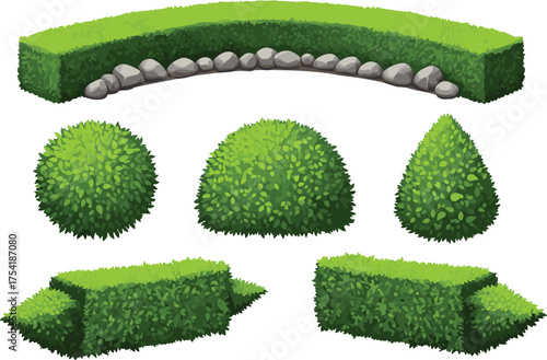 Trimmed hedges and stone row in six cartoon variants with stylized shapes, landscaping foliage illustration, garden design concept, white background