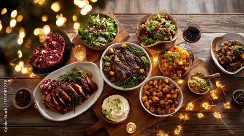 Overhead view of a festive holiday dinner spread featuring sliced roast meat, various salads, roasted potatoes, and pomegranates on a wooden table with lights.	