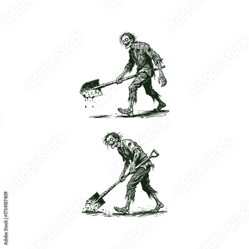 illustration of an aggressive zombie or ghoul carrying a dirty shovel over his shoulder