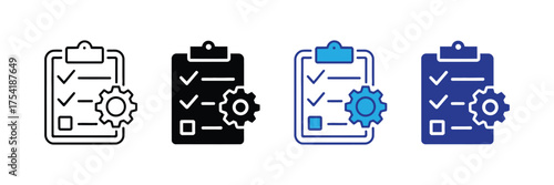 Checklist with gear icon, representing task management, workflow, and process optimization, isolated on transparent background