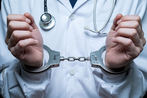 Doctor in a white coat with a stethoscope is arrested and handcuffed symbolizing medical malpractice and legal consequences