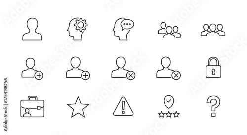 User management and business interface line icon set. Thin line vector symbols for profile, team, HR, add user, security, communication, customer feedback and rating.