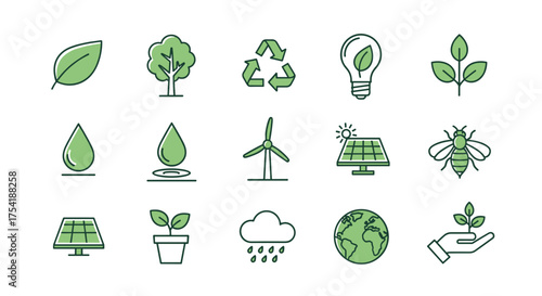 Ecology line icon set. Environment and sustainability concept. Green renewable energy symbols. Nature conservation, water, solar power, wind turbine, plant, and recycling icons.