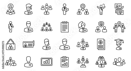 Human resources and business management line icon set. Staff, teamwork, employee, career, leadership, recruitment. Office personnel, student, id card and presentation.