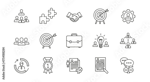 Human resources and business management line icon pack. Teamwork, recruitment, career growth, and strategy concepts. Vector signs for resume, collaboration, goal, and success.