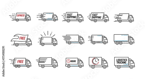 Delivery truck icon set. Fast shipping and free delivery service symbols. Express logistics and transport concept. Lorry, van, and cargo freight vehicle outline vector icons for web and apps.
