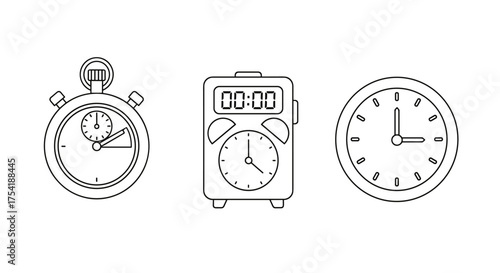 Time icons collection. Clock, stopwatch, alarm clock. Vector line art for concepts of time management, deadline, schedule, urgency, countdown. Analog and digital timer symbols.