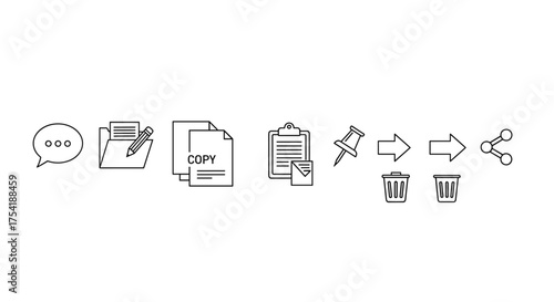 Document management workflow line icon set. Business process symbols like edit, copy, send, pin, delete, and share. Outline vector UI icons for office and web application.