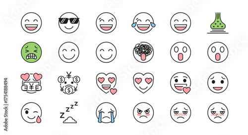 Emoji icon set with expressions. Line art emoticons for social media. Happy, sad, cool, laughing, crying, angry, love, money, sleepy, confused, sick faces. Vector icons.