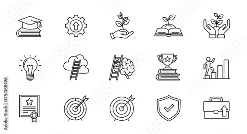 Personal growth and self improvement line icon set. Career development, success, motivation and achievement concepts. Education, learning, reaching goals and ambition symbols.