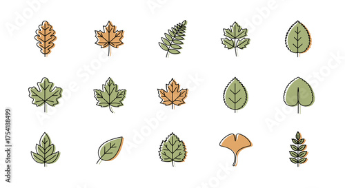 Set of autumn leaves icons in minimalist line art style. Fall foliage vector collection. Various tree leaf doodles like maple, oak, ginkgo. Nature botanical elements.