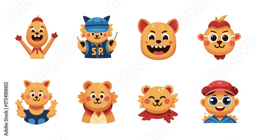 Cute cartoon animal character stickers collection. Funny bear or lion mascot with different emotions and professions. Vector illustration of avatars for social media or chat.