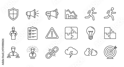 Business crisis and success icon set. Line icons for strategy, risk management, leadership, teamwork, problem solving, failure and success. Vector symbols for goals and ideas.