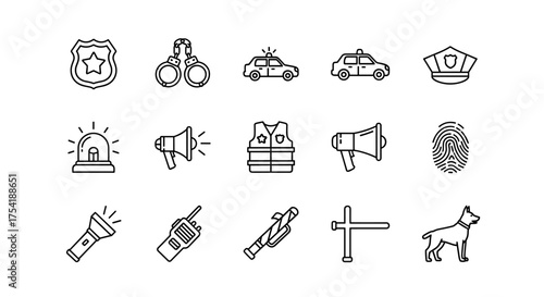 Police line icon set. Law enforcement, crime, and justice symbols. Vector collection of patrol car, badge, handcuffs, siren, dog, and investigation equipment for security.
