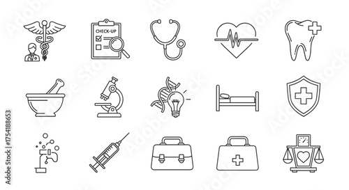 Medical and healthcare line icon set. Concepts for doctor, clinic, diagnosis, pharmacy, dental, science, research, hospital care, first aid, hygiene, and health insurance.