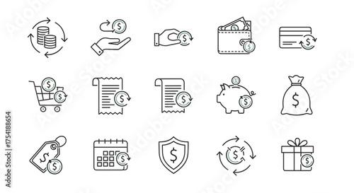 Cashback money return icon set. Financial transaction symbols. Finance, payment, wallet, credit card, shopping cart, receipt, piggy bank, money bag, cash flow, savings, security.