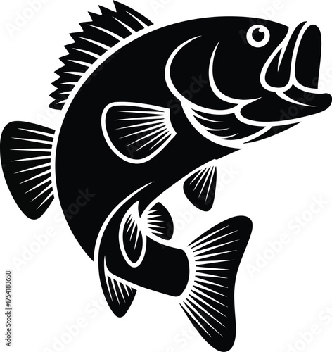 Dynamic black bass fish leaping from water silhouette graphic