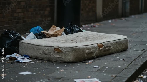Trash on sidewalk with old mattress and debris, trash in urban street, trash problem with pollution and bad hygiene, worn fabric on pavement, scattered litter around curb, city cleanup and ecology top