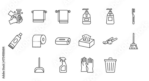 Hygiene and cleaning line icon set. Personal care and sanitation symbols collection. Bathroom essentials vector pack. Includes hand washing, soap, towel, and cleaning tools.