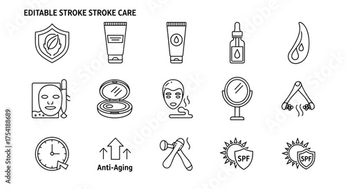 Skin care routine line icon set. Editable stroke vector illustration for beauty and cosmetics. Face mask, serum, anti-aging cream, SPF sun protection, and facial roller symbols.