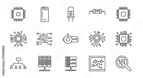 Computer hardware and electronics components thin line icon set. Microchip, processor, server, circuit board, semiconductor, resistor, and data center vector symbols.