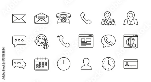 Contact us bold line icons set. Business communication symbols. Customer service, support, and feedback vector icon collection. Phone, email, chat, location, and website signs.