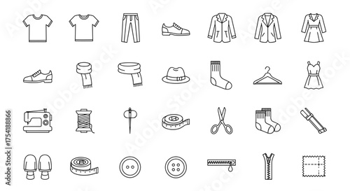 Clothing, fashion and sewing line icon set. Vector outline symbols for tailor shop, dressmaking and repair. T-shirt, pants, dress, shoe, sewing machine, scissors, button.