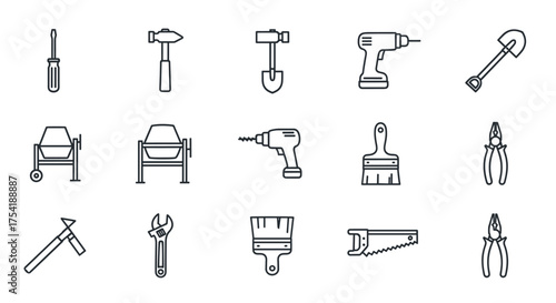 Construction tools line icon set. Building, repair, and renovation symbols. Vector pictograms for DIY projects and workshop. Hammer, drill, saw, shovel, concrete mixer icons.