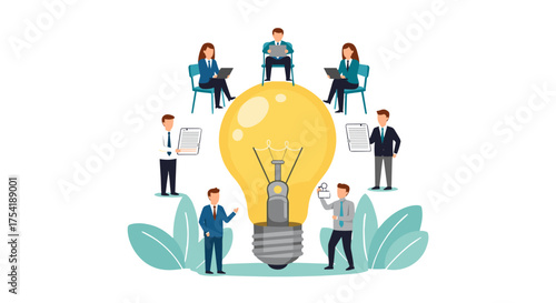 Teamwork concept with business people around a light bulb. Metaphor for brainstorming, new idea, innovation, creative solution, startup strategy, and collaboration meeting.