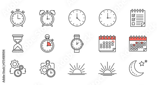 Time management icon set vector. Line art collection of clock, calendar, stopwatch, planner for productivity, scheduling, business efficiency, organization, and workflow concepts.