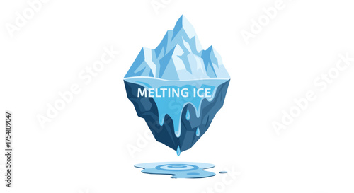 Melting iceberg vector illustration. Global warming and climate change concept. Environmental problem, ecological disaster, rising sea level. Arctic glacier thaw. Ice melting.