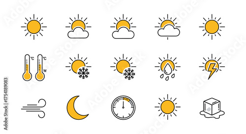 Weather icon collection. Big set of forecast symbols. Meteorology signs. Sun, cloud, rain, snow, wind, moon, thermometer, storm, ice. Line art vector for app and web ui.