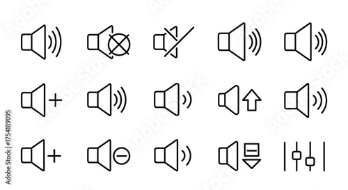 Sound volume control icon set. Audio speaker, mute button, and level adjustment signs. Thin line vector symbols for user interface design. Megaphone, music, and equalizer.