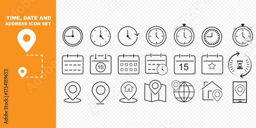 Time, date and address line icon set. Clock, calendar, location pin. Editable stroke. Vector illustration.