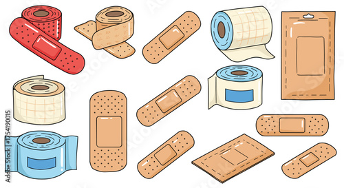 A comprehensive collection of various adhesive bandages, medical tapes, and wound dressings for first aid and healthcare, depicted in a colorful cartoon vector illustration style set