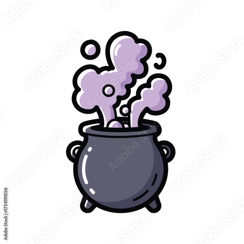 Cartoon Witch's Cauldron Bubbling with Purple Potion and Smoke