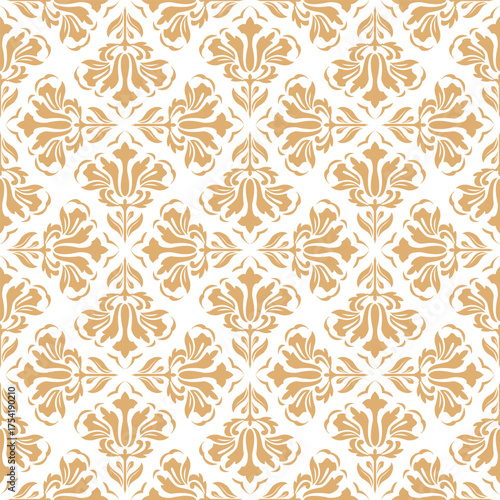 Flower geometric pattern. Seamless vector background. White and golden ornament. Ornament for fabric, wallpaper, packaging. Decorative print