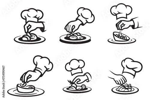 Chef Hand Cooking Icons Set – Culinary Art, Food Preparation, and Gourmet Dish Decoration Illustrations
