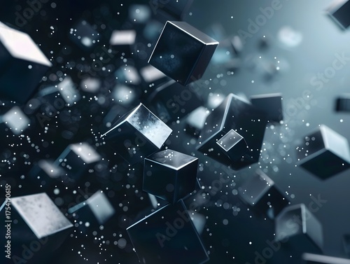 Abstract 3D geometric cubes float in a dark futuristic digital background with subtle glowing light effects and patterns